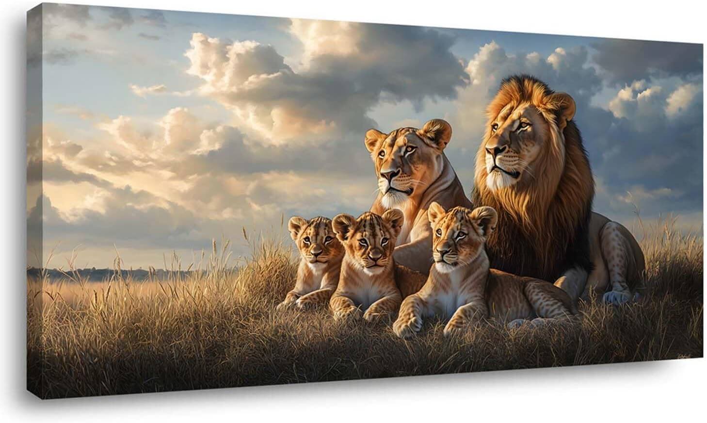 Stunning Blue Lion Family Canvas Wall Art - Vibrant Wildlife Print for Your Living Room, Bedroom, or Office Decor (40x20 Inches)