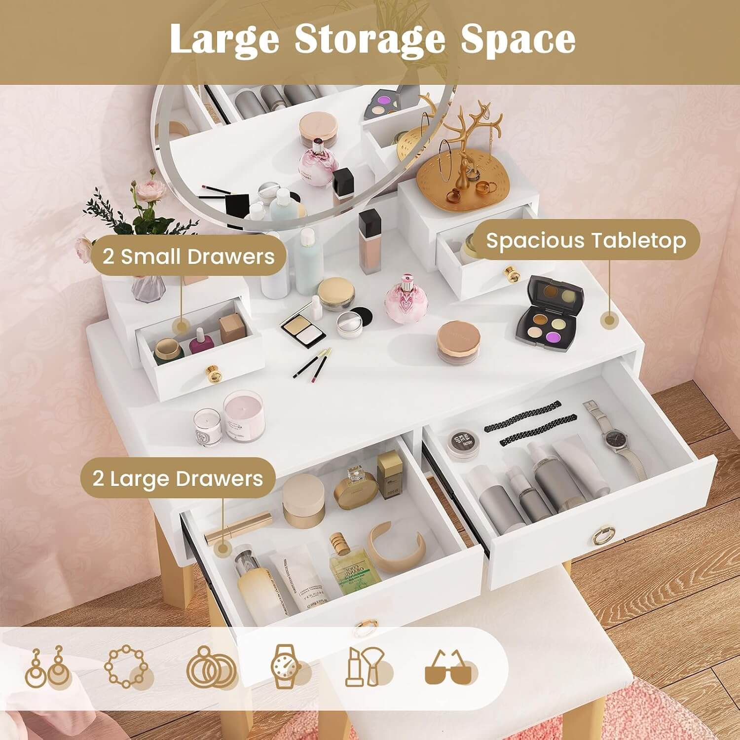 Glam Up Your Space: Elegant White Makeup Vanity Desk with LED Mirror & 4 Storage Drawers - Perfect for Girls&
