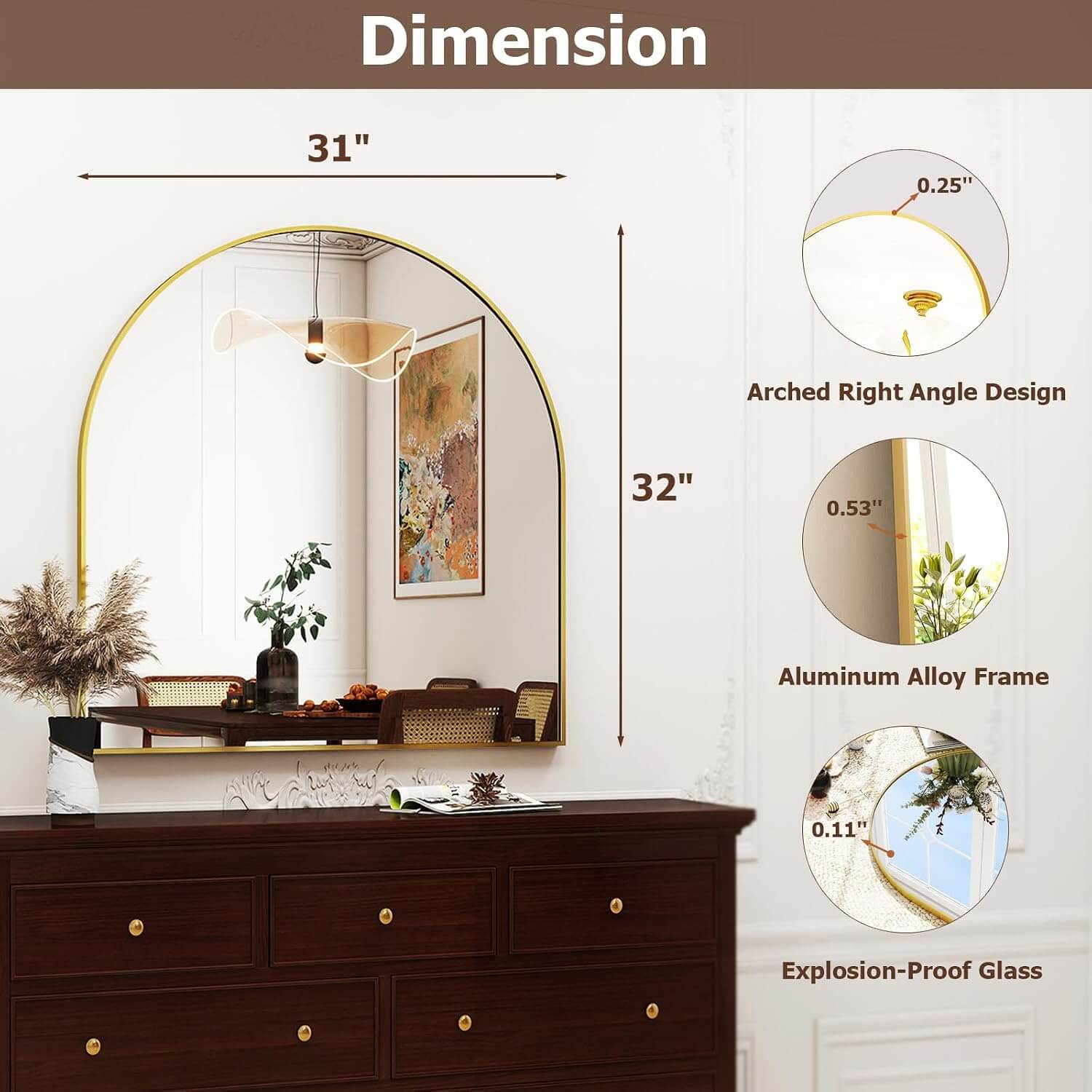 Stunning 31" x 32" Arched Gold Wall Mirror - Perfect for Bathroom, Bedroom, Living Room & Entryway Decor