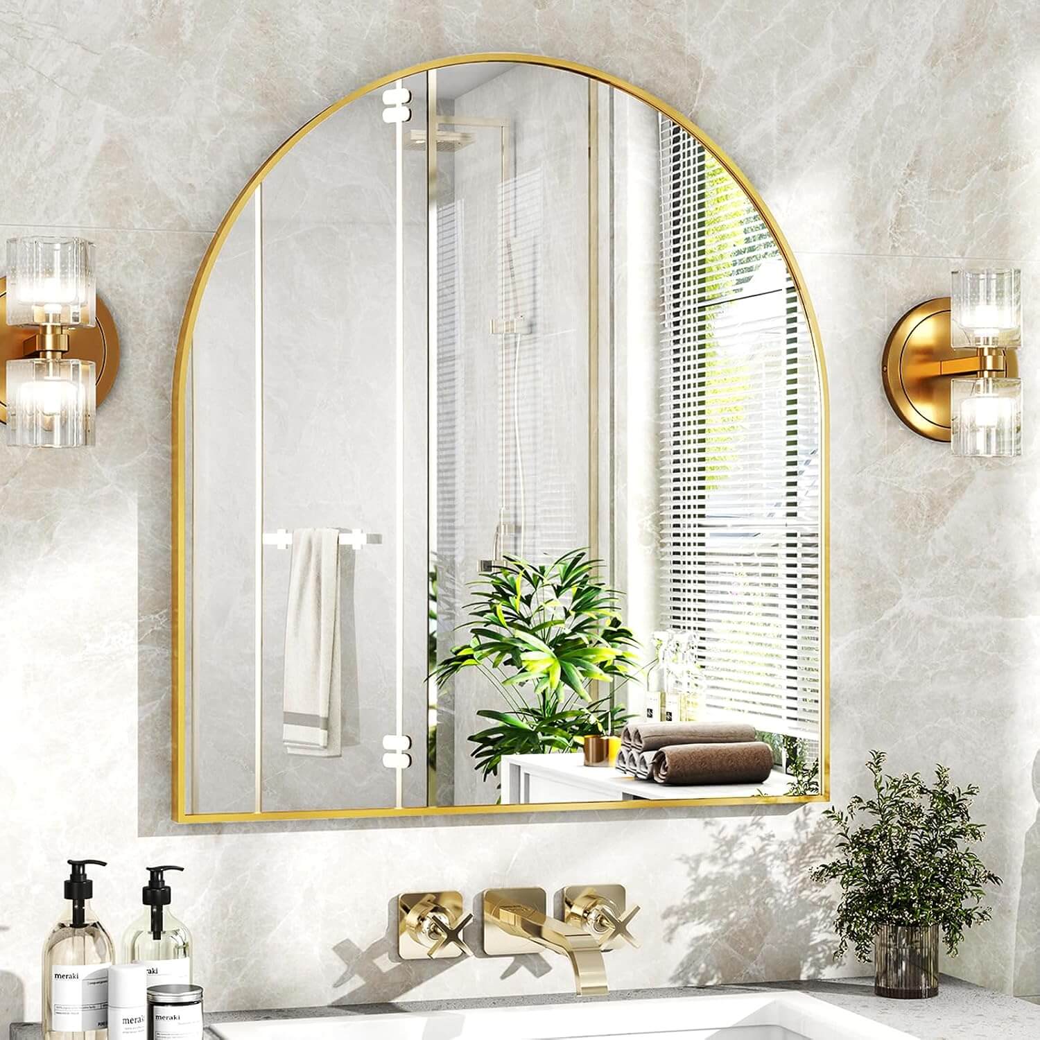 Stunning 31" x 32" Arched Gold Wall Mirror - Perfect for Bathroom, Bedroom, Living Room & Entryway Decor