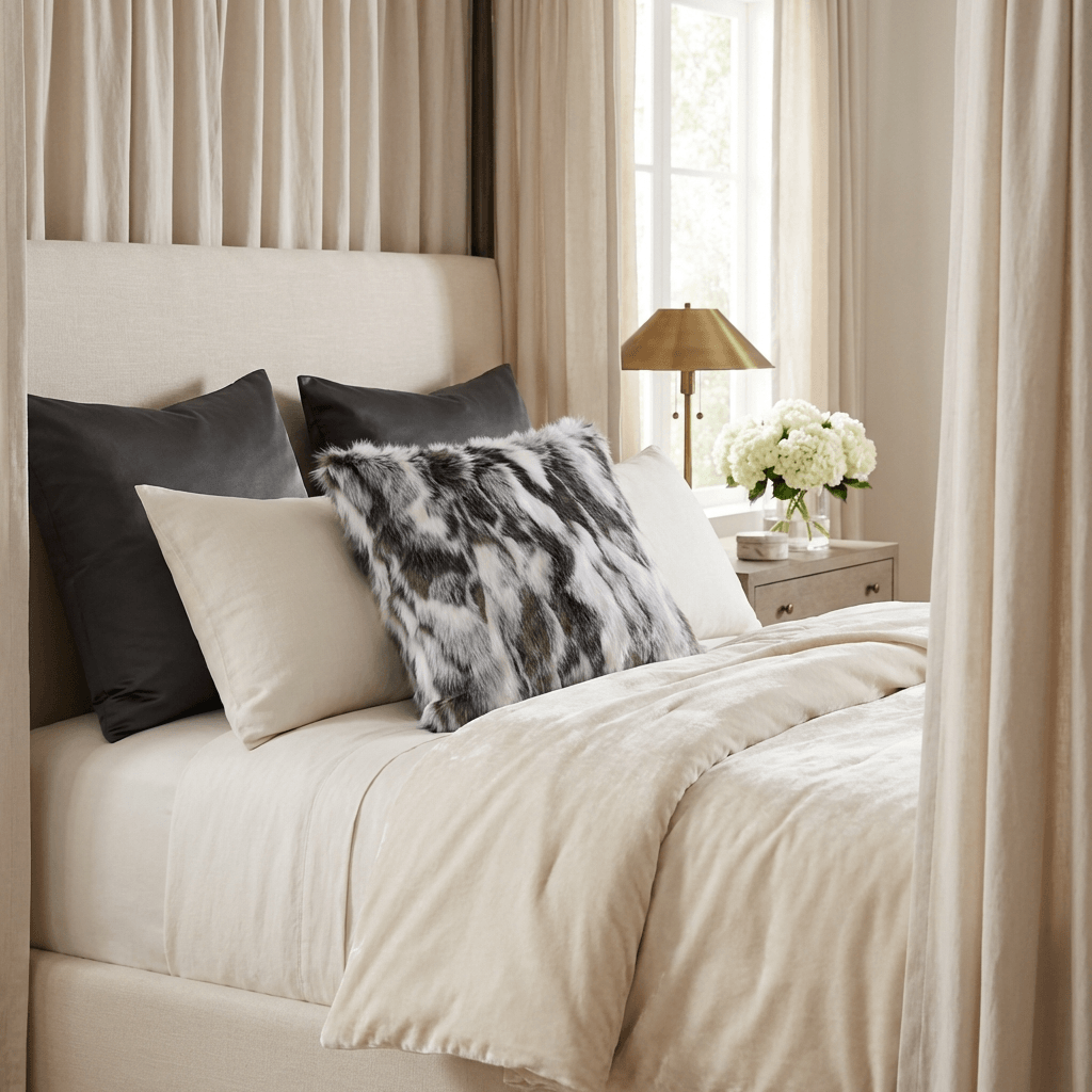 ivory gray faux rabbit fur throw pillow