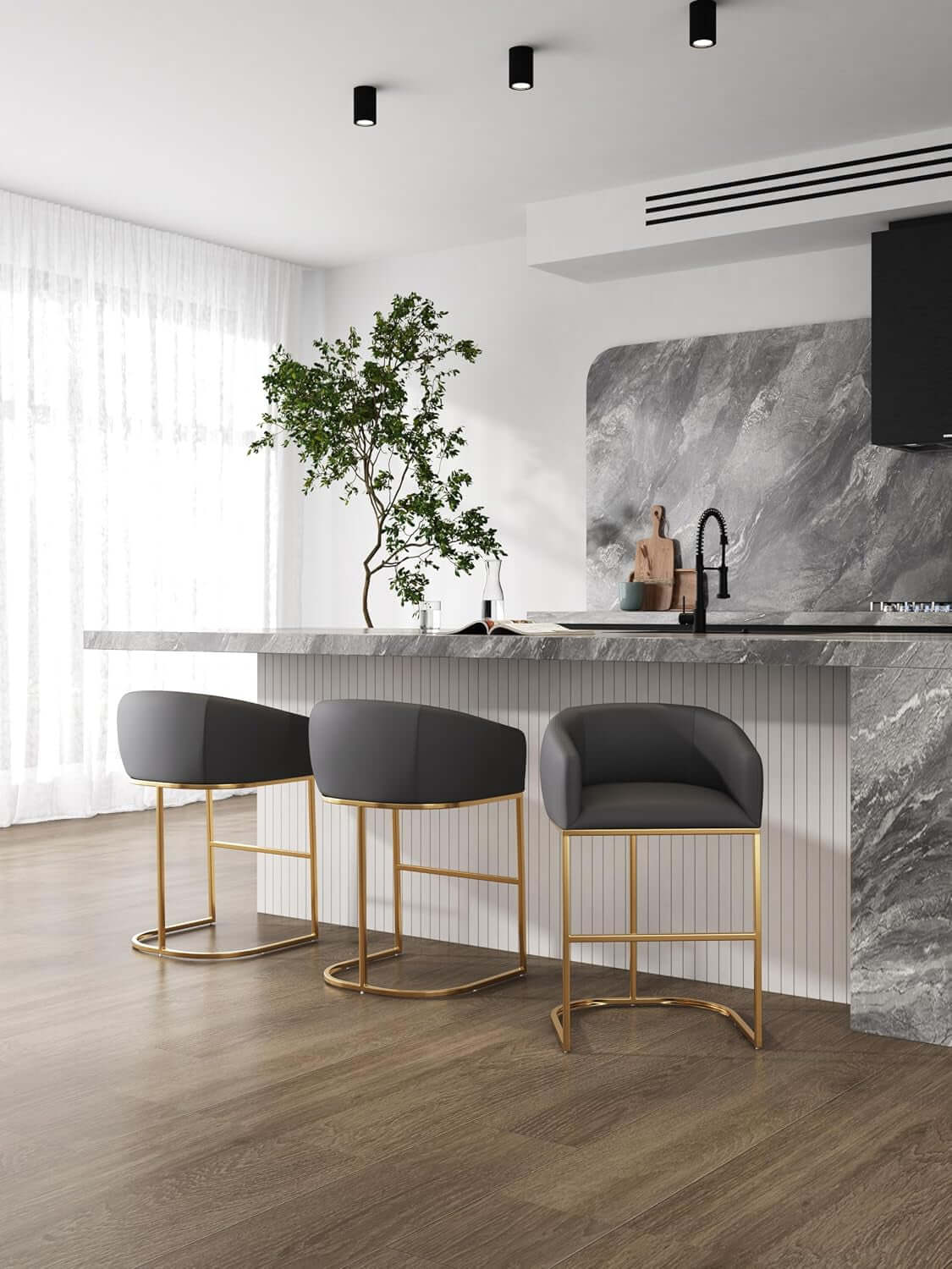 Louvre Counter Height Bar Stools Set of 3 — Vegan Leather & Gold Steel