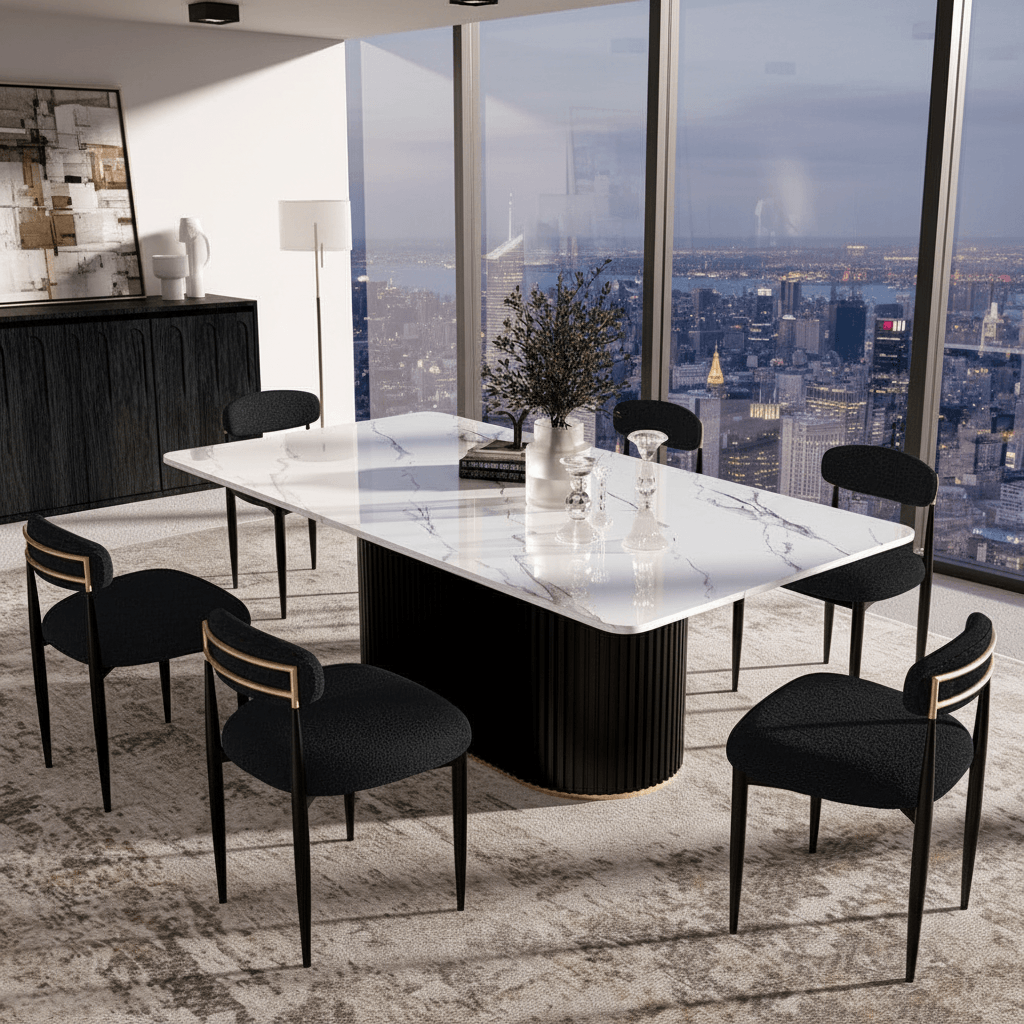 7-Piece Faux Marble Dining Set – Black Boucle Chairs