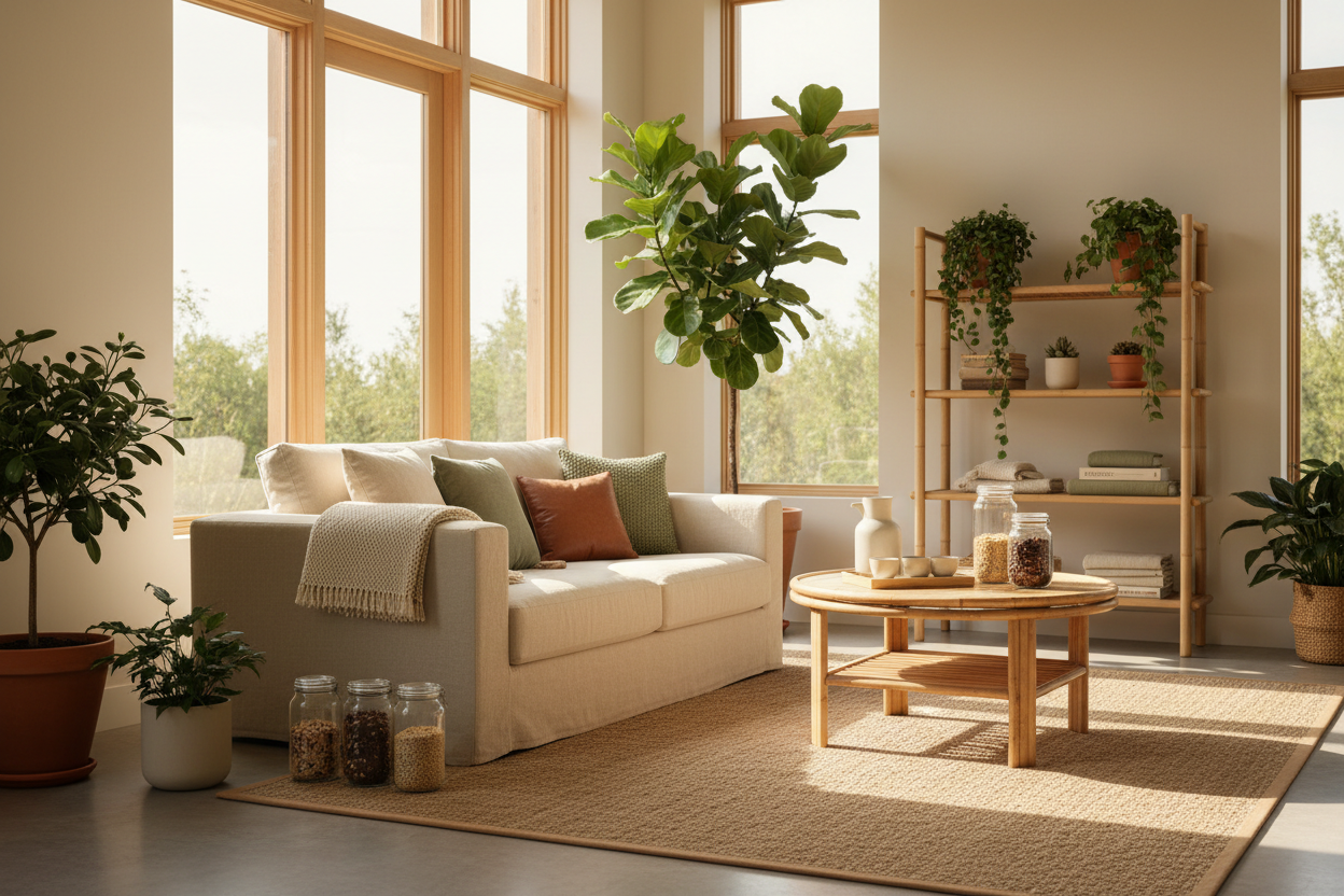 A cozy living room with plants, promoting sustainable living tips in a bright, natural setting.