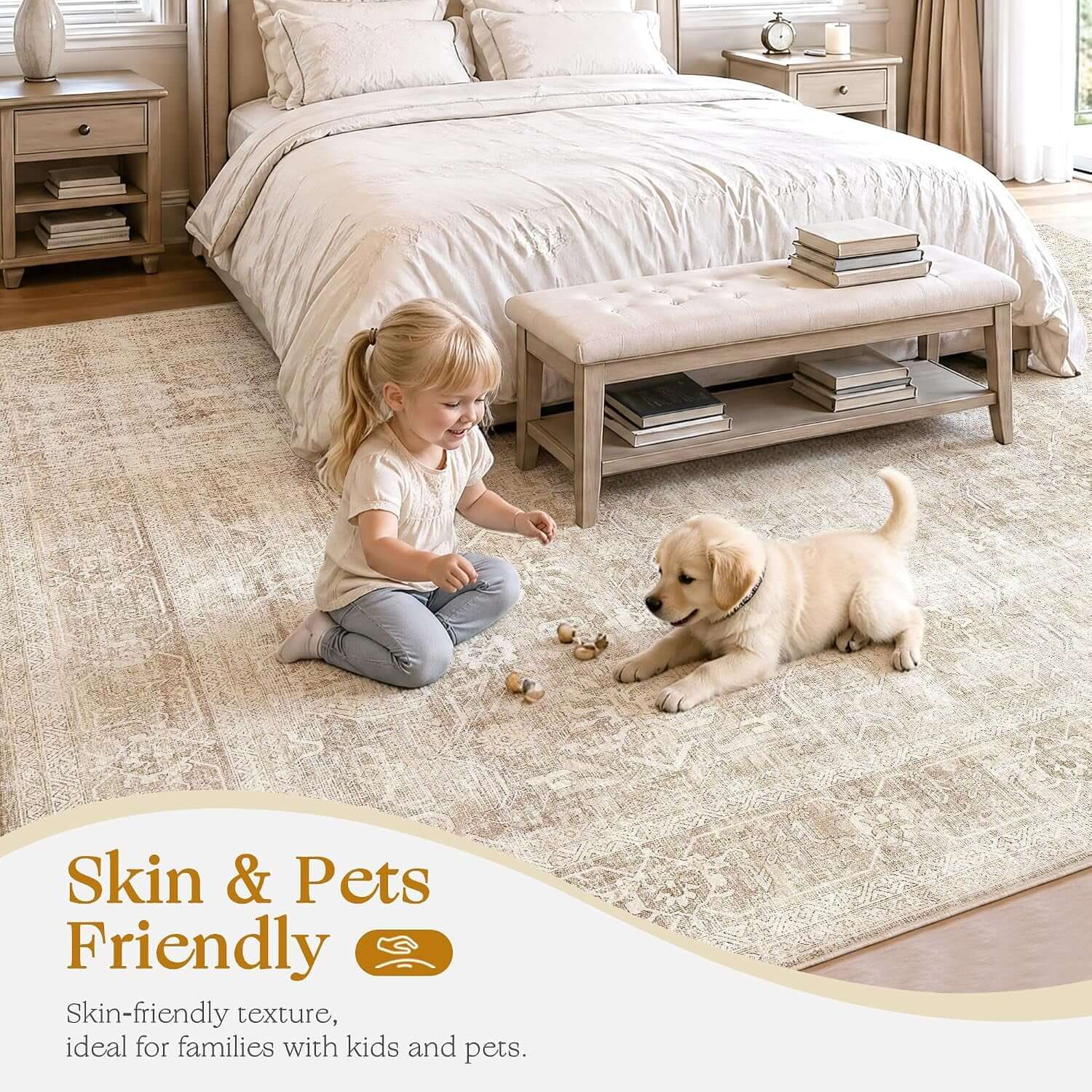 Transform Your Space with Our Elegant 8X10 Washable Beige Vintage Area Rug – Perfect for Living Rooms!