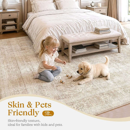 Transform Your Space with Our Elegant 8X10 Washable Beige Vintage Area Rug – Perfect for Living Rooms!