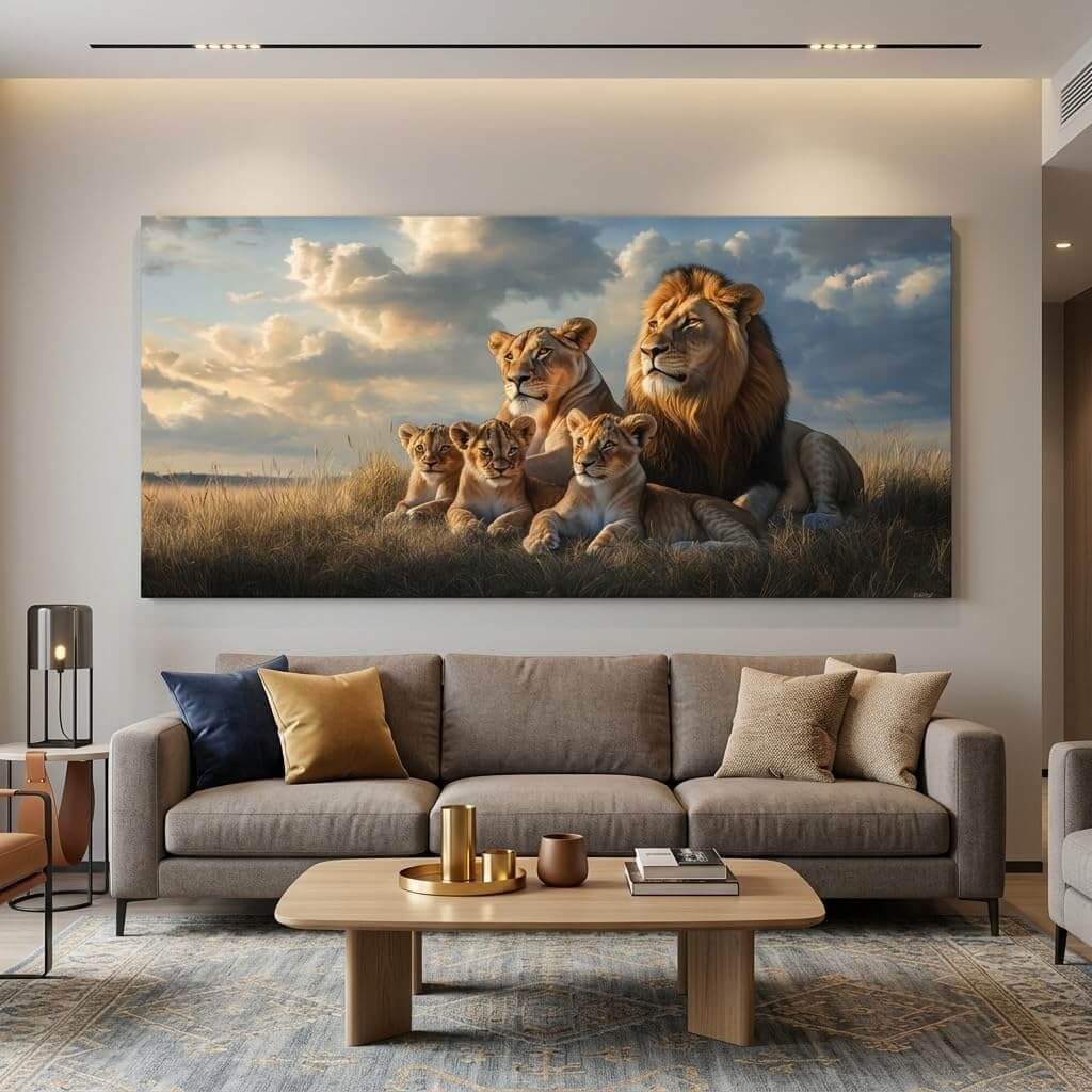 Stunning Blue Lion Family Canvas Wall Art - Vibrant Wildlife Print for Your Living Room, Bedroom, or Office Decor (40x20 Inches)