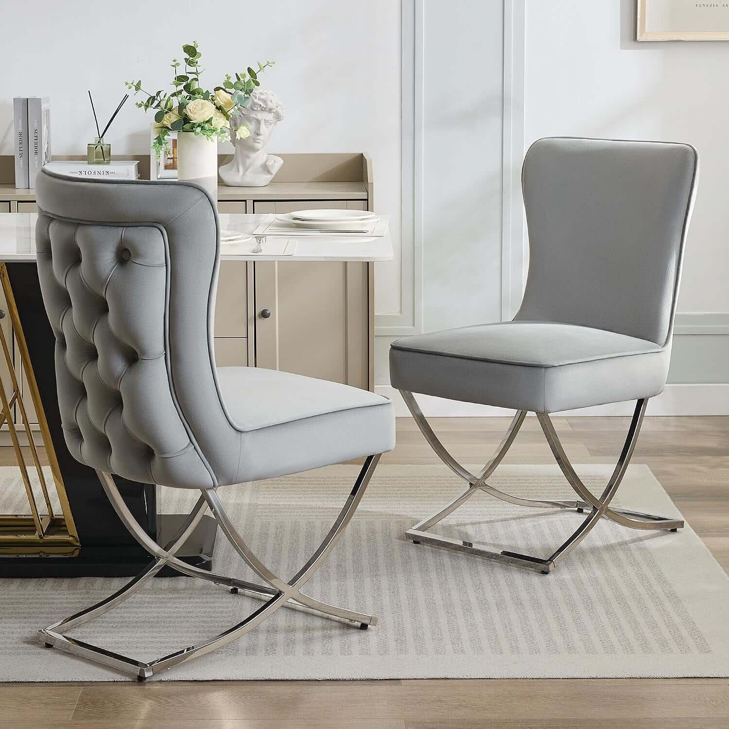 Elegant Light Grey Velvet Dining Chairs - Set of 2 with Stylish Silver X-Legs for Modern Glam Decor