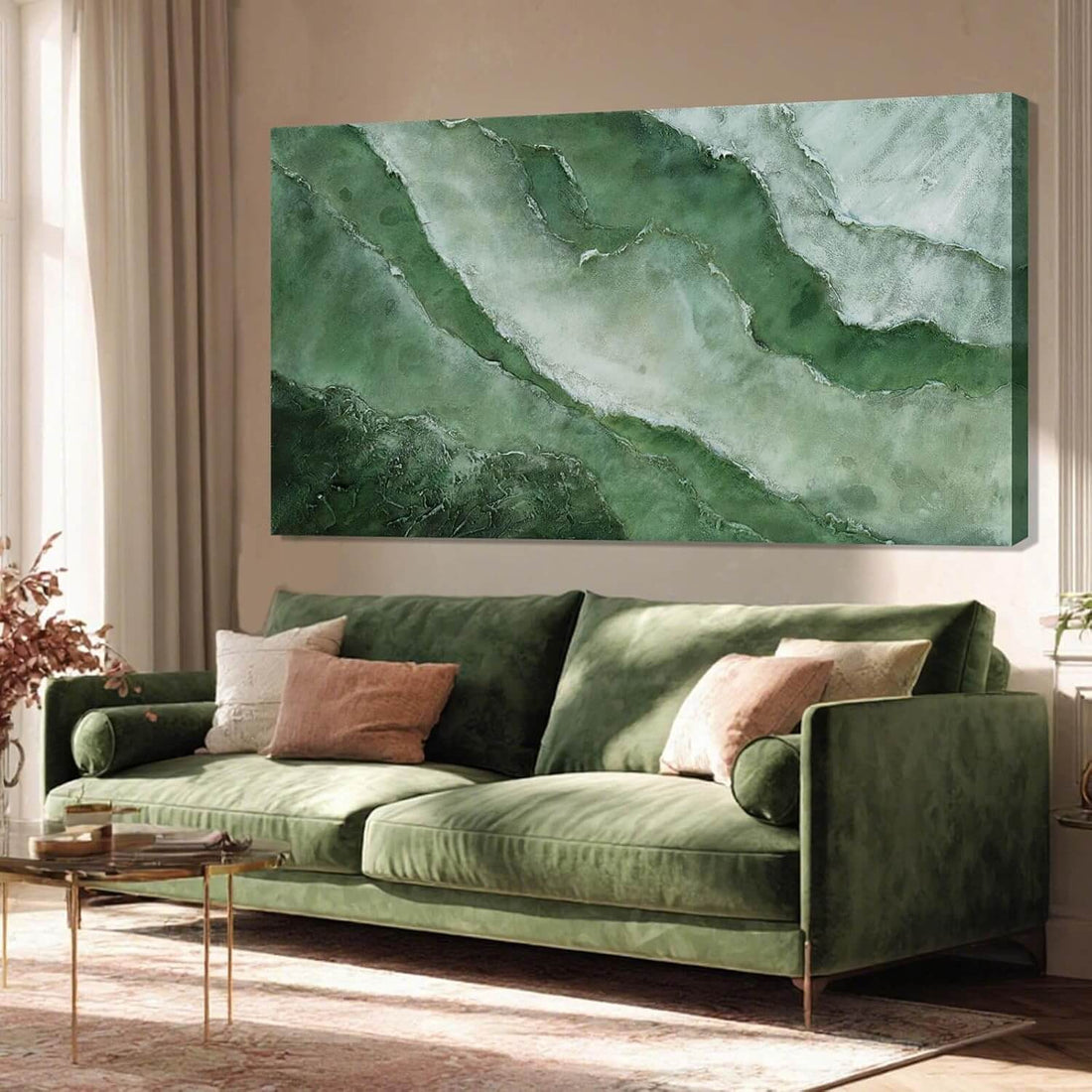 Elegant Jade Green Abstract Canvas Art - Framed Wall Decor for Bedroom and Living Room, 24" x 48"