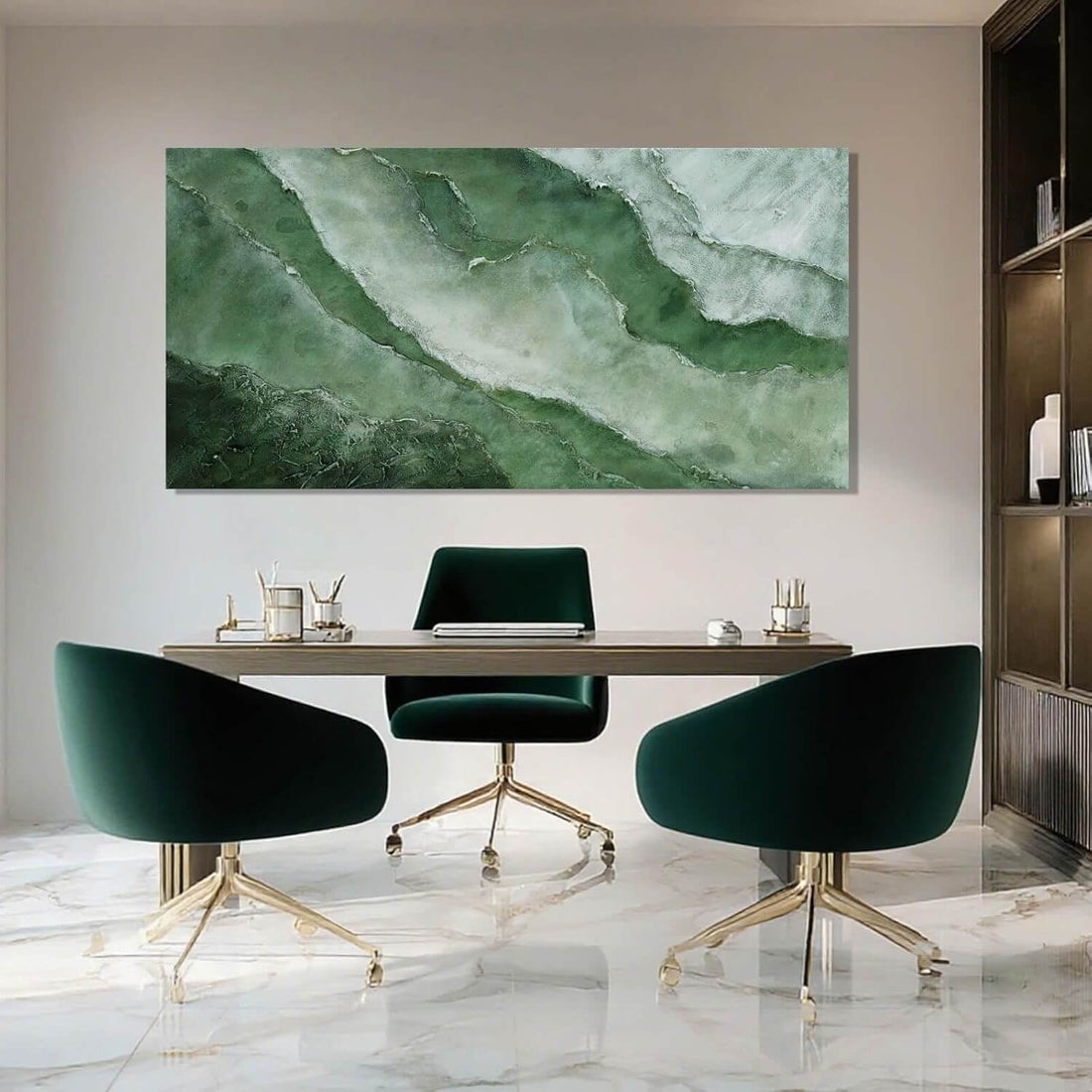Elegant Jade Green Abstract Canvas Art - Framed Wall Decor for Bedroom and Living Room, 24" x 48"