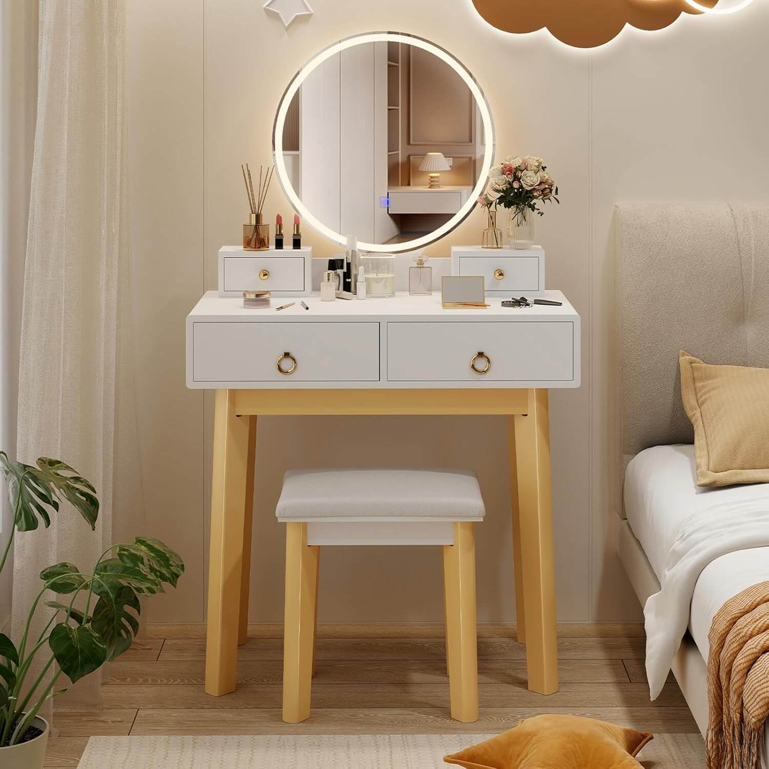 Glam Up Your Space: Elegant White Makeup Vanity Desk with LED Mirror &amp; 4 Storage Drawers - Perfect for Girls&