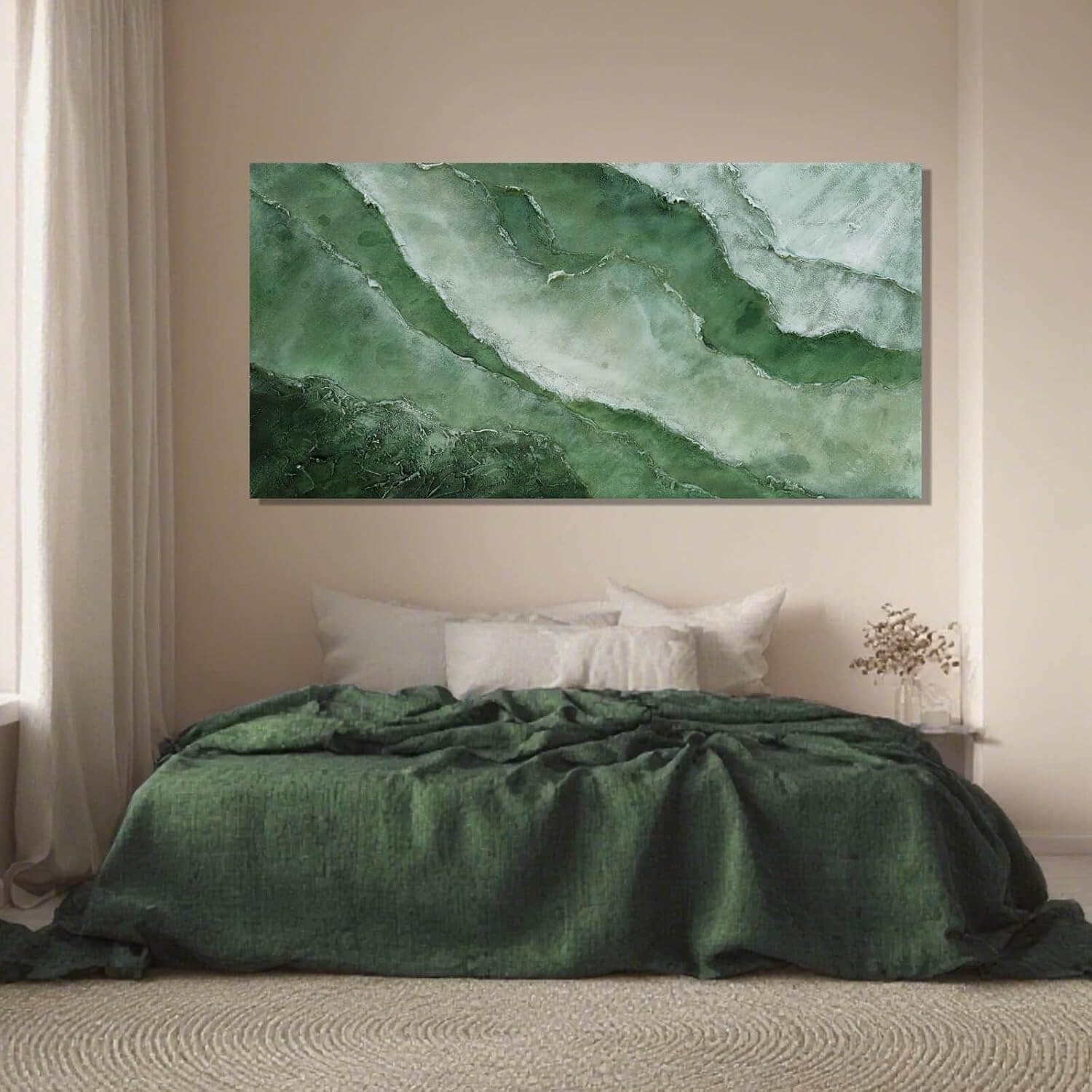 Elegant Jade Green Abstract Canvas Art - Framed Wall Decor for Bedroom and Living Room, 24" x 48"