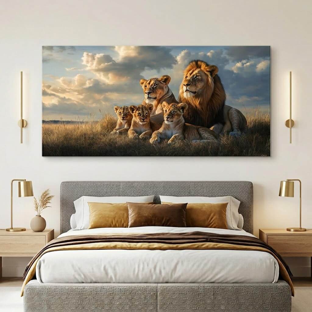 Stunning Blue Lion Family Canvas Wall Art - Vibrant Wildlife Print for Your Living Room, Bedroom, or Office Decor (40x20 Inches)