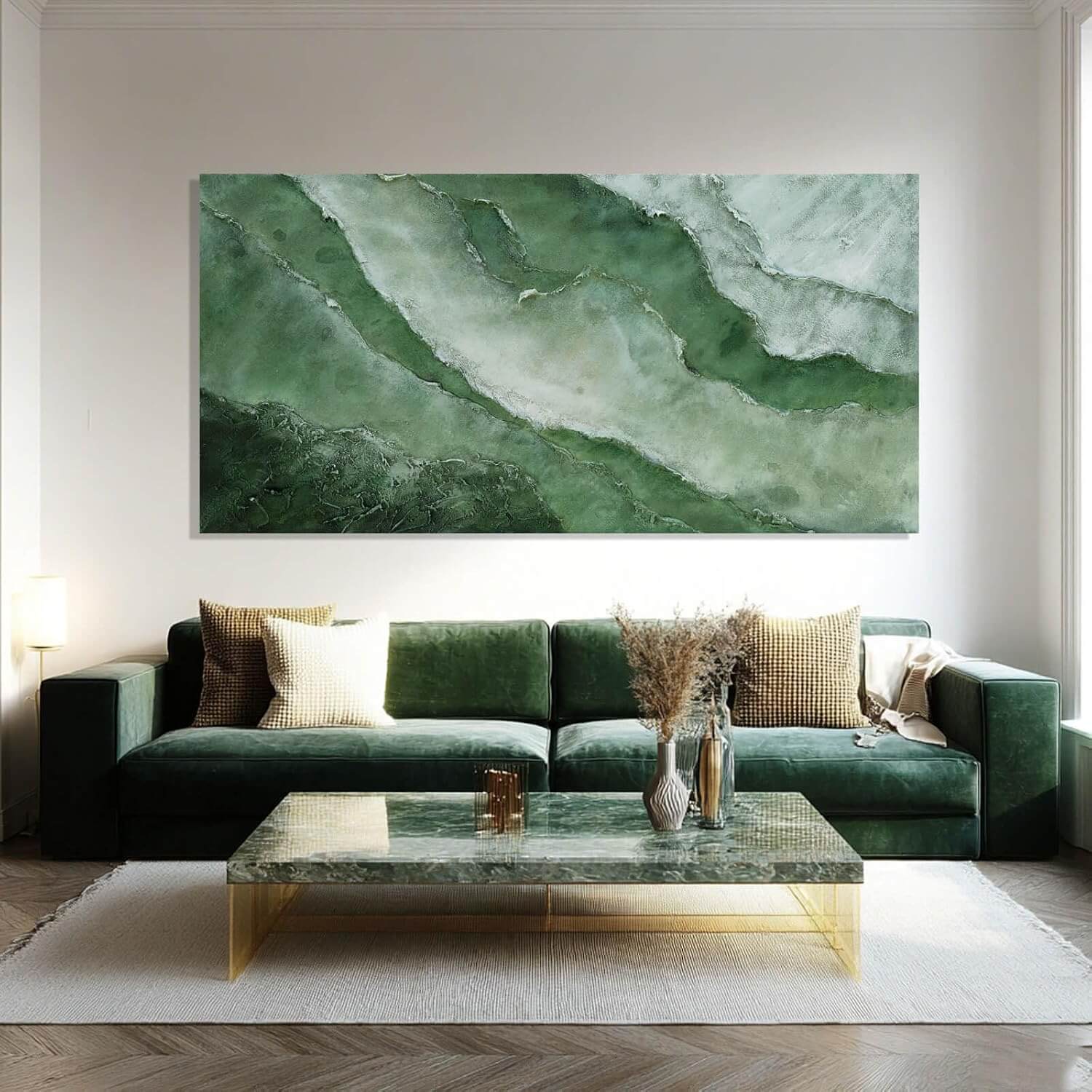 Elegant Jade Green Abstract Canvas Art - Framed Wall Decor for Bedroom and Living Room, 24" x 48"