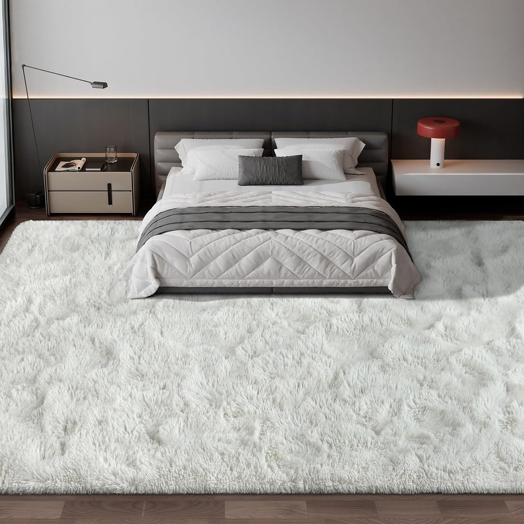 Luxurious Large 10x14 Shag Area Rug - Cream White Tie-Dyed Plush Fuzzy Carpet for Ultimate Comfort