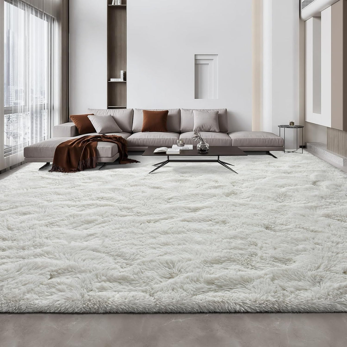 Luxurious Large 10x14 Shag Area Rug - Cream White Tie-Dyed Plush Fuzzy Carpet for Ultimate Comfort