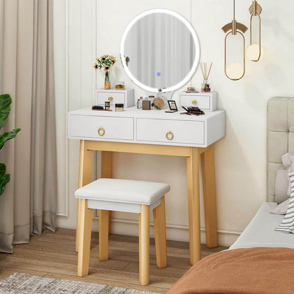 Glam Up Your Space: Elegant White Makeup Vanity Desk with LED Mirror &amp; 4 Storage Drawers - Perfect for Girls&