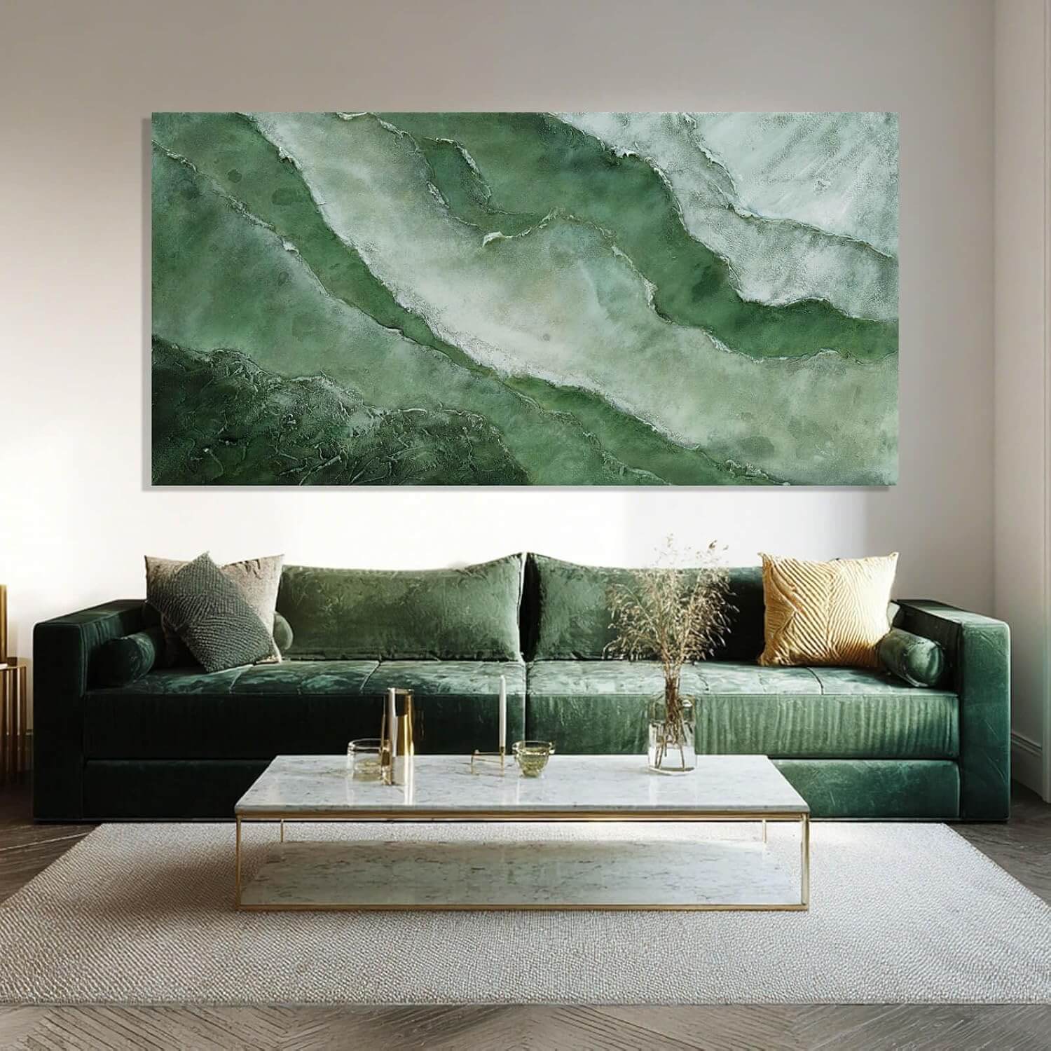 Elegant Jade Green Abstract Canvas Art - Framed Wall Decor for Bedroom and Living Room, 24" x 48"