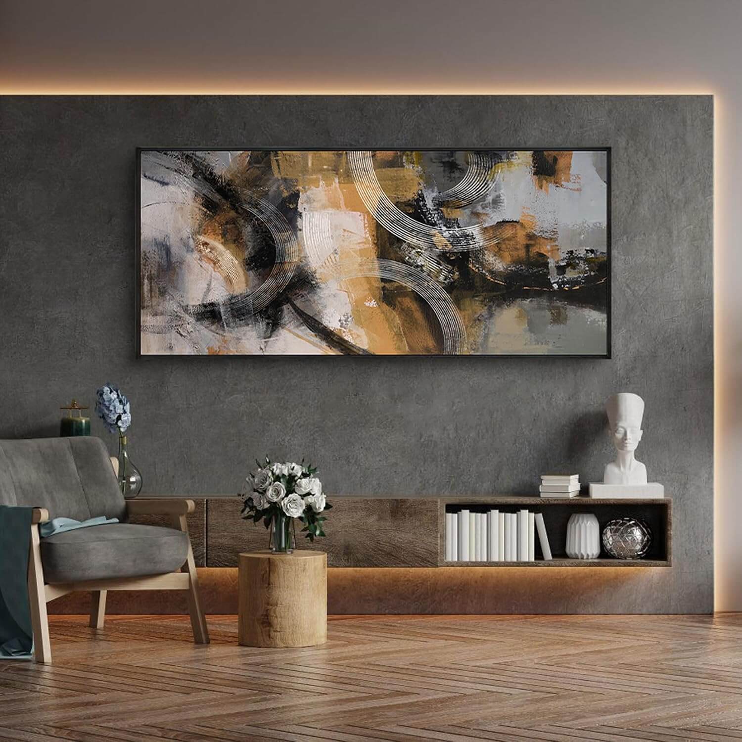 Transform Your Space with Our Stunning Large Abstract Canvas Wall Art - 70x31 Inches in Vibrant Orange, Gray, and Yellow