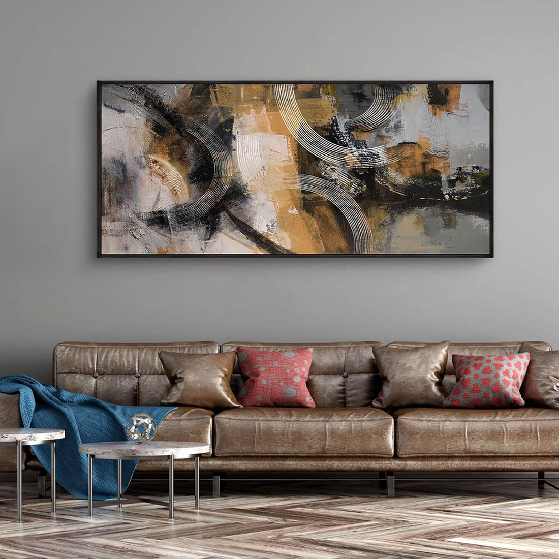 Transform Your Space with Our Stunning Large Abstract Canvas Wall Art - 70x31 Inches in Vibrant Orange, Gray, and Yellow