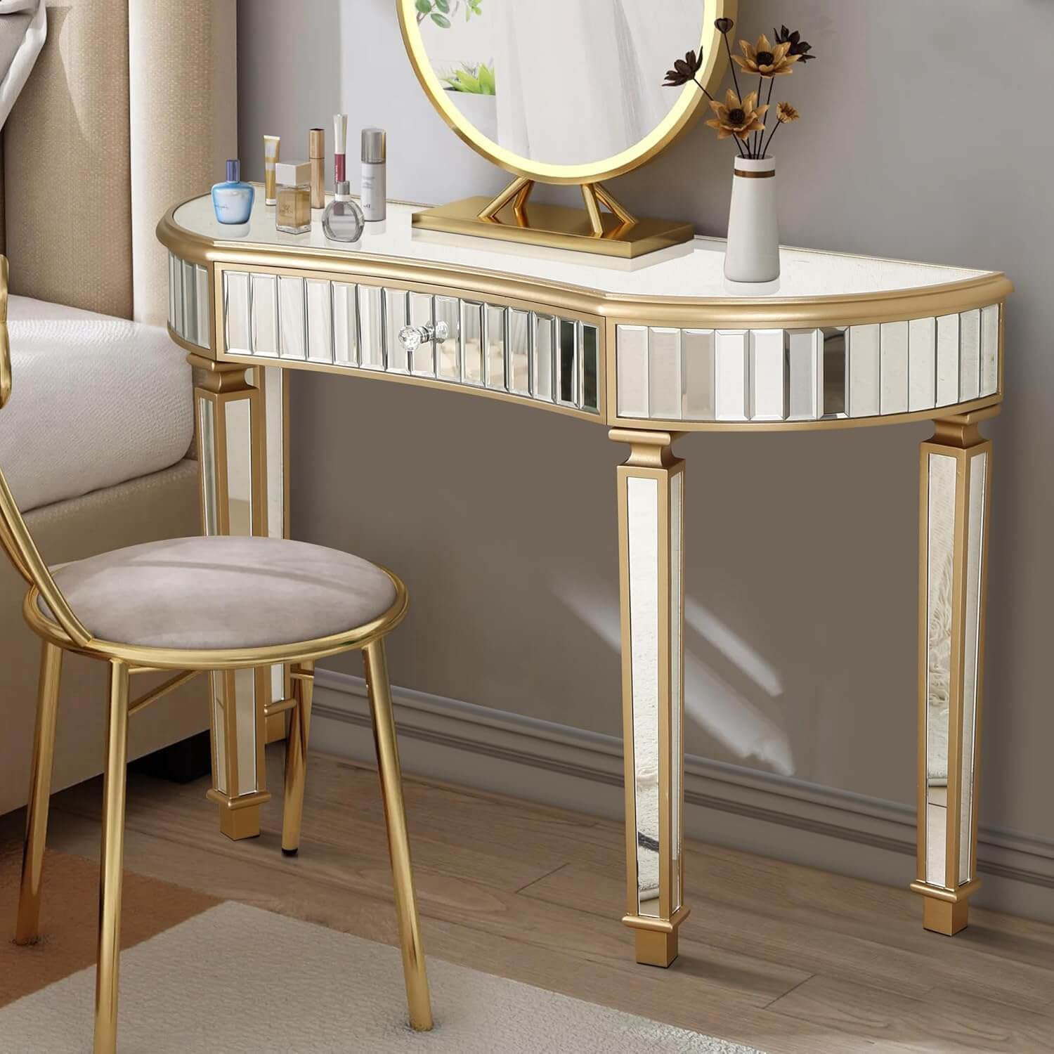 Stylish 47-Inch Mirrored Console Table with Crystal Knob - Modern Glam Entryway Table for Living Room and Hallway