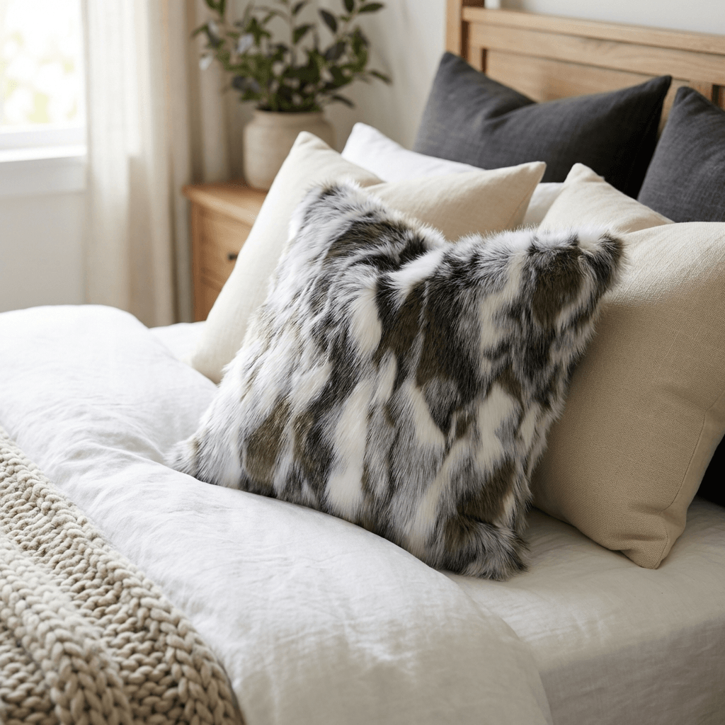 ivory gray faux rabbit fur throw pillow