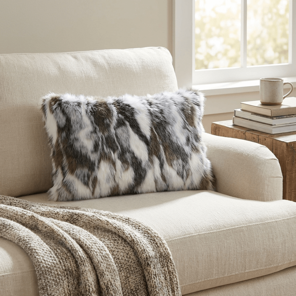 ivory gray faux rabbit fur throw pillow