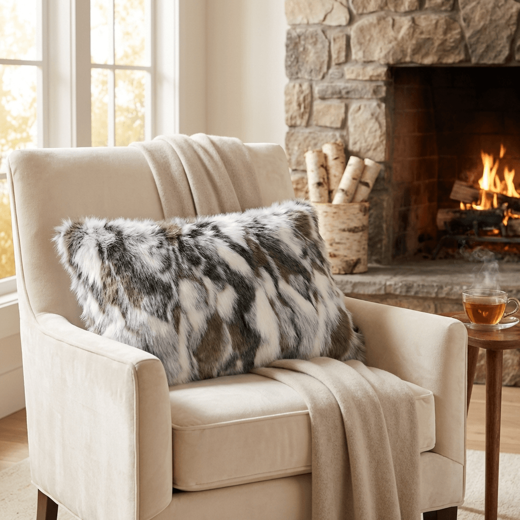 ivory gray faux rabbit fur throw pillow