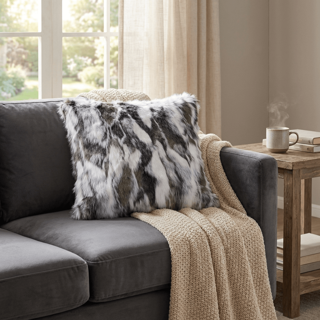 ivory gray faux rabbit fur throw pillow