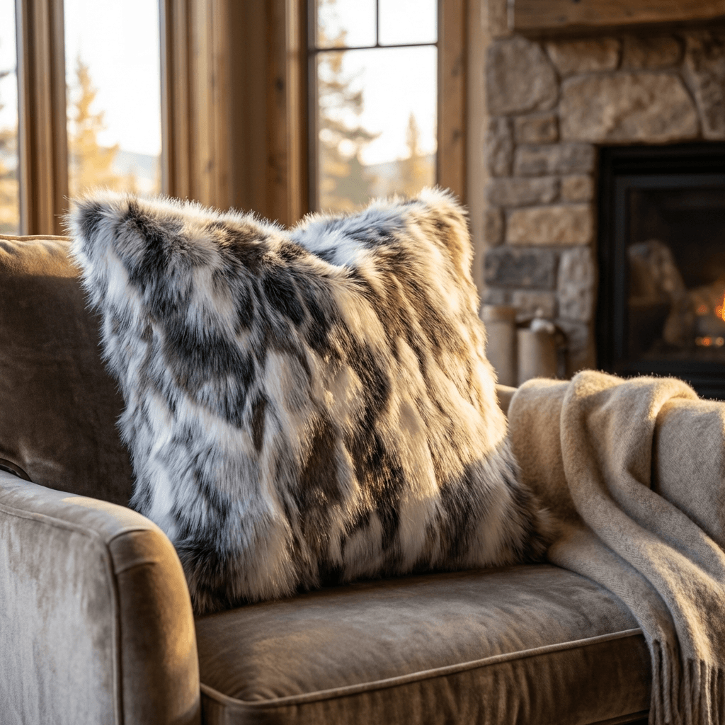 ivory gray faux rabbit fur throw pillow