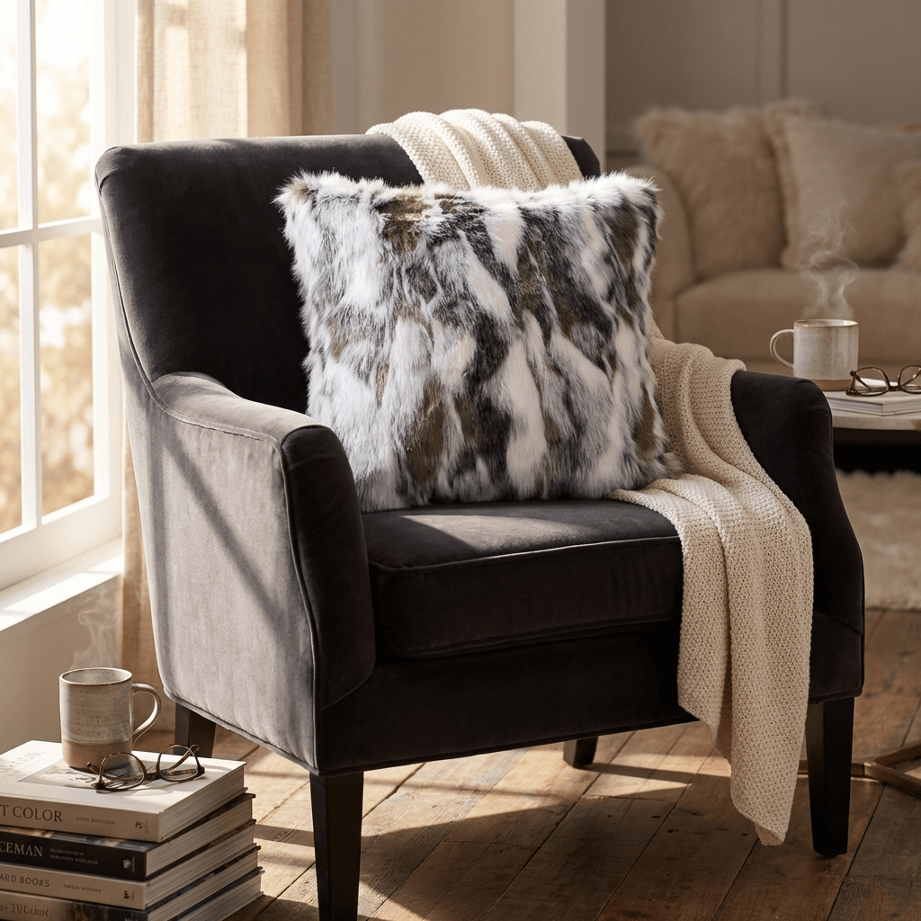 ivory gray faux rabbit fur throw pillow