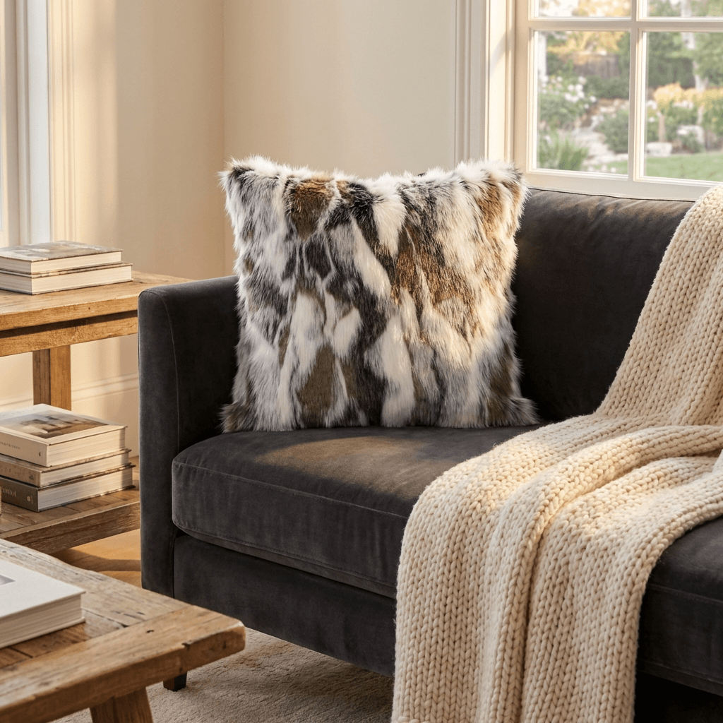 ivory gray faux rabbit fur throw pillow