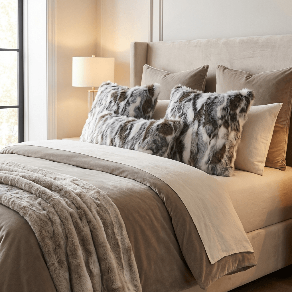 ivory gray faux rabbit fur throw pillow