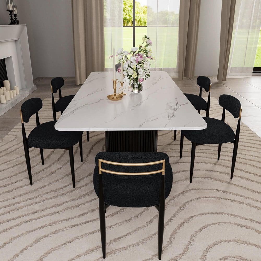 Elevate Your Dining Experience with Our Elegant 7-Piece Faux Marble Dining Set Featuring Boucle Armless Chairs in Chic Black