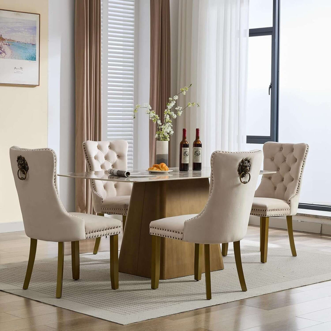 Elevate Your Dining Experience with Our Luxurious Beige Velvet Dining Chairs Set of 4 – Stylish Upholstered Design with Golden Wooden Legs and Elegant Lion Head Pulls