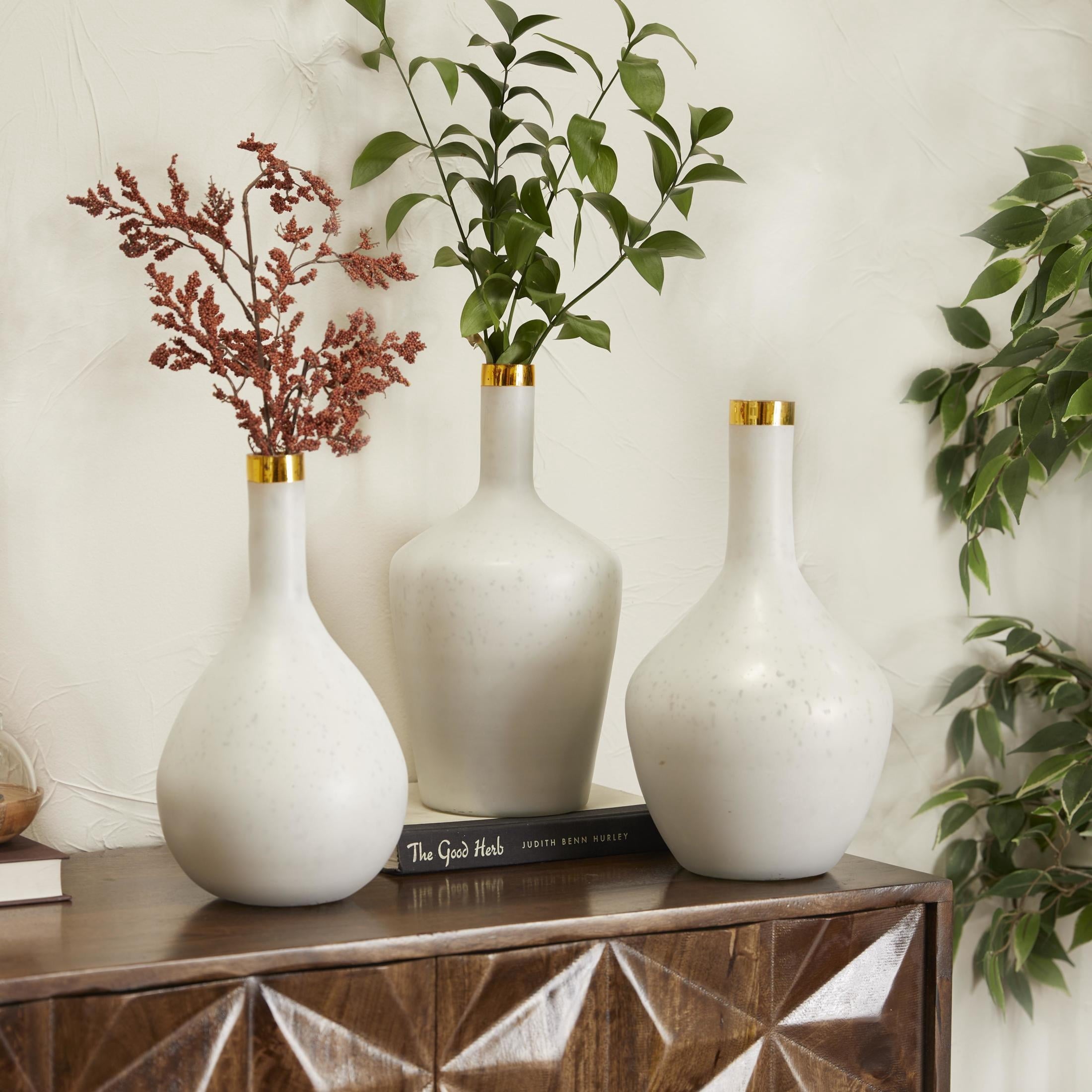 Elegant White Glass Vase Set with Gold Rim - 3 Piece Glam Decor for Your Home