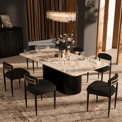7-Piece Faux Marble Dining Set – Black Boucle Chairs