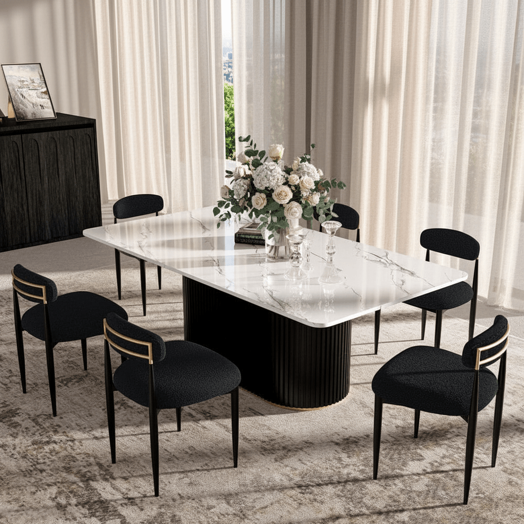 7-Piece Faux Marble Dining Set – Black Boucle Chairs