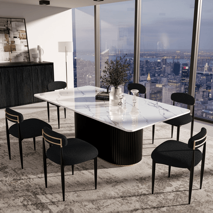 7-Piece Faux Marble Dining Set – Black Boucle Chairs